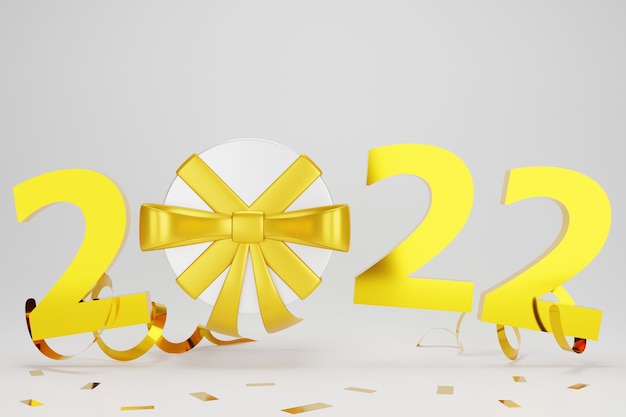 3D Neujahr mit Geschenk Konfetti auf grauem Hintergrund