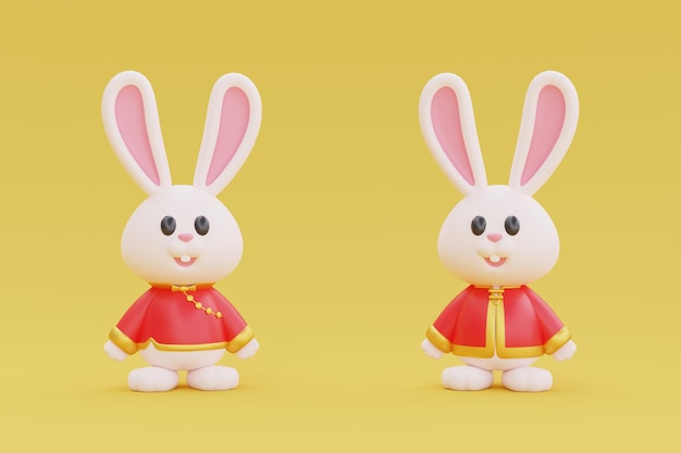 3D-niedliche Kaninchen-Cartoon-Figur isoliert auf gelbem Hintergrundelement für das chinesische Neujahr Chinesische Festivals Lunar CYN 2023 Jahr des Kaninchens 3D-Rendering