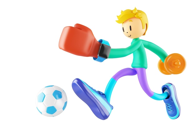 3d niño personaje de dibujos animados en acción con trazado de recorte 3d ilustrador deporte actividad ejercicio fitness entrenamiento entrenamiento estilo de vida hombre jugador tecnología VR gimnasio al aire libre ciberespacio objeto concepto