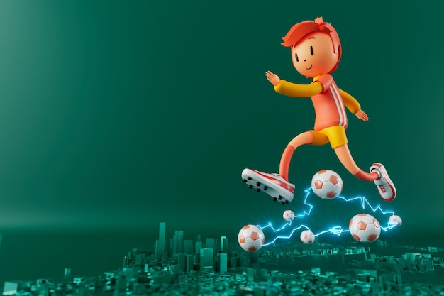 3D niño personaje futbolista en fútbol acción 3d ilustración deportes fondo concepto hombres patada movimiento deportes acción persona gráfico papel pintado dibujos animados juego fútbol creativo cartel diseño