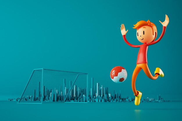 3D niño personaje futbolista en fútbol acción 3d ilustración deportes fondo concepto hombres patada movimiento deportes acción persona gráfico papel pintado dibujos animados juego fútbol creativo cartel diseño