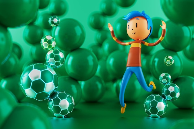 3D niño personaje futbolista en fútbol acción 3d ilustración deportes fondo concepto hombres patada movimiento deportes acción persona gráfico papel pintado dibujos animados juego fútbol creativo cartel diseño