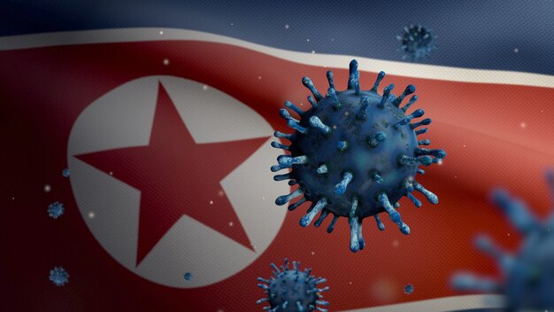 3D, nordkoreanische Flagge weht mit Coronavirus-Ausbruch, der die Atemwege als gefährliche Grippe infiziert. Influenza-Virus vom Typ Covid 19 mit nationalem Korea-Banner, das im Hintergrund weht.