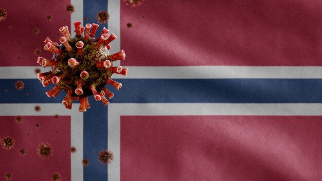 3D, norwegisches Fahnenschwingen und Coronavirus 2019 nCov-Konzept. Asiatischer Ausbruch in Norwegen, Coronaviren Influenza als gefährliche Grippestammfälle wie eine Pandemie. Mikroskopvirus Covid 19