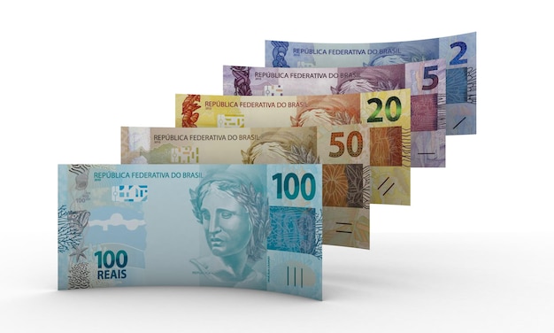 3d notas de dinheiro de reais brasileiros, reais, do brasil em fundo branco.
