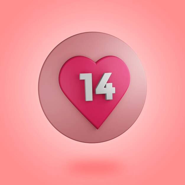 3d notificación de redes sociales icono de corazón tipo amor en 14 textos aislados sobre fondo rojo con sombra