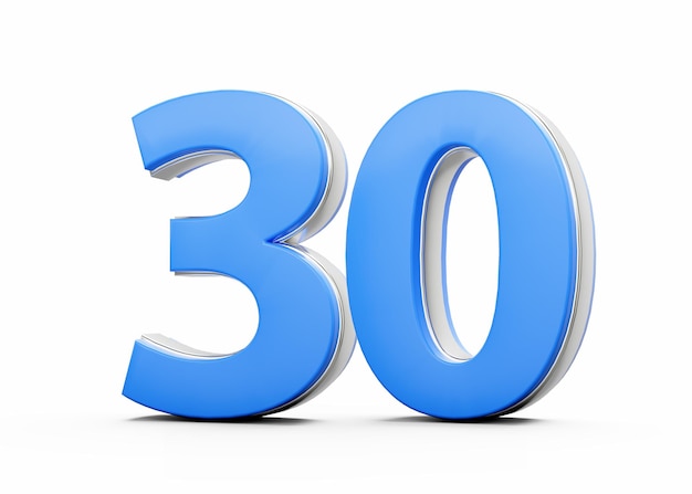 3D Número 30 Treinta hecho de cuerpo azul con contorno plateado en fondo blanco Ilustración 3D