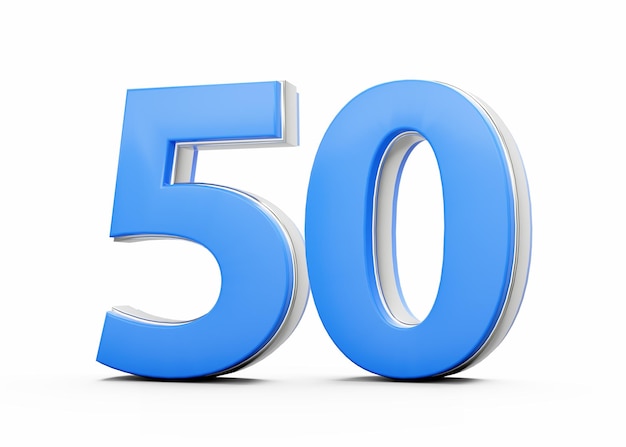 3D Número 50 Cincuenta hecho de cuerpo azul con contorno plateado en fondo blanco Ilustración 3D