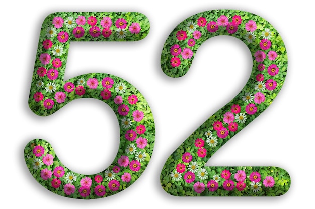 3d del número 52 está hecho de hierba verde y hermosa flor aislada sobre un fondo blanco