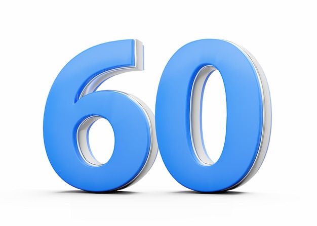 3D número 60 sesenta hecho de cuerpo azul con contorno plateado en fondo blanco Ilustración 3D