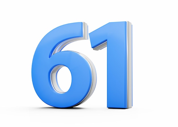 3D Número 61 Sesenta y uno hecho de cuerpo azul con contorno plateado en fondo blanco Ilustración 3D