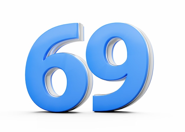 3D Número 69 sesenta y nueve hecho de cuerpo azul con contorno plateado en fondo blanco Ilustración 3D
