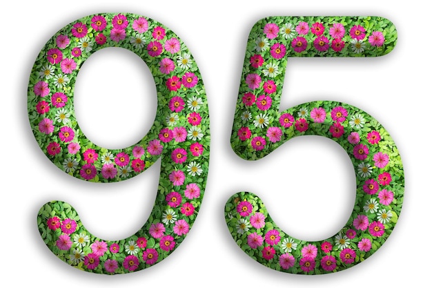 3d del número 95 está hecho de hierba verde y hermosa flor aislada sobre un fondo blanco