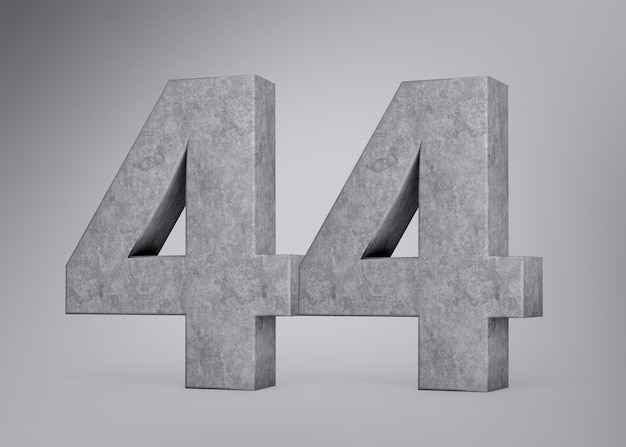 3d Número de hormigón cuarenta y cuatro 44 dígitos hechos de piedra de hormigón gris fondo gris ilustración 3d