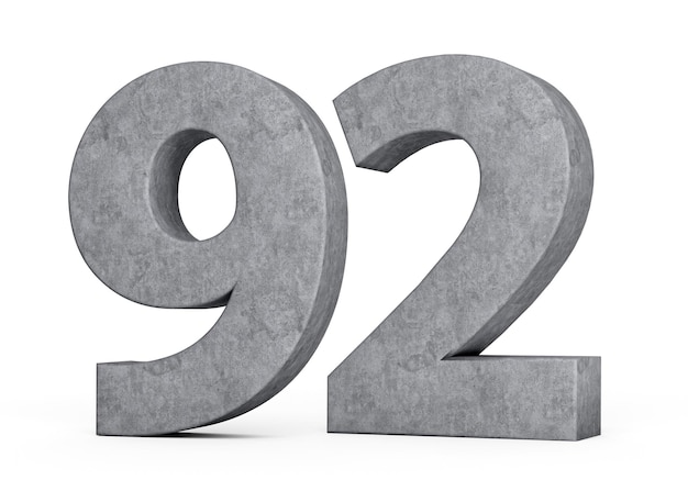 3d Número de hormigón noventa y dos 92 dígito hecho de piedra de hormigán gris sobre fondo blanco