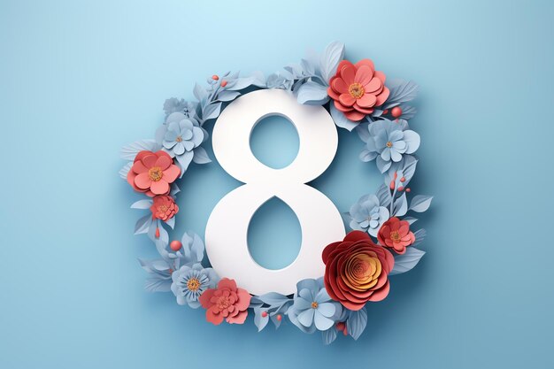 3d Número oito feito de flores em fundo rosa 8 de março Feliz Dia da Mulher