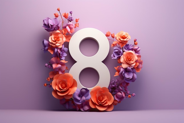 3d Número oito feito de flores em fundo roxo 8 de março Feliz Dia da Mulher