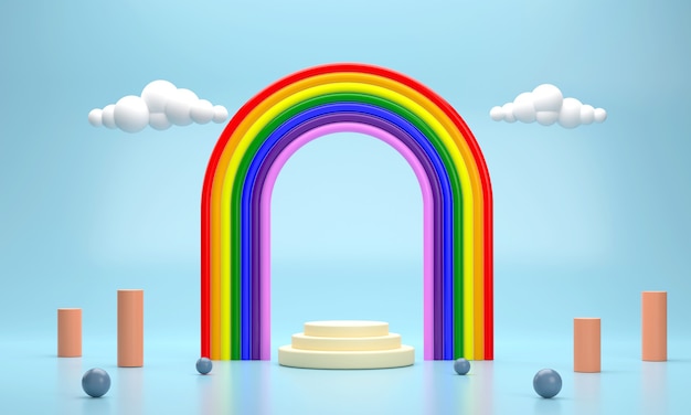 3D O pódio circular é organizado em camadas sob um lindo e fofo pilar de arco-íris e flutuante