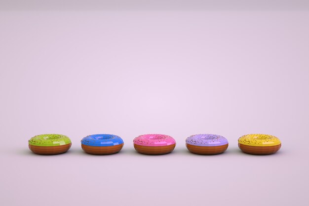 3D-Objekte von bunten Donuts auf einem isolierten weißen Hintergrund. Isometrische Modelle von bunten Donuts. Süßwaren, 3D-Grafik. Donuts steht in einer Reihe.