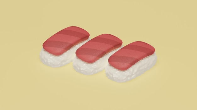 3D-Objektrendering von 3 Sushi mit gelbem Hintergrund