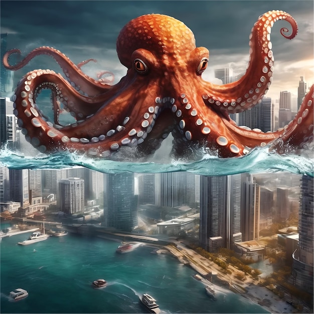 3D octopus realista destruyendo la nave generada por Ai