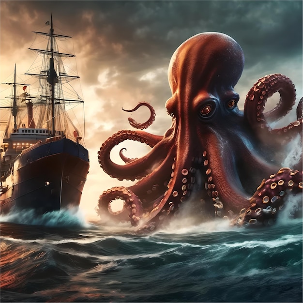 3D octopus realista destruyendo la nave generada por Ai