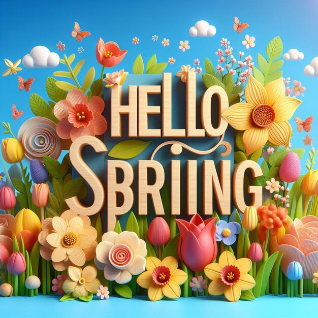 3D olha a primavera com flores em fundo de primavera Fotos