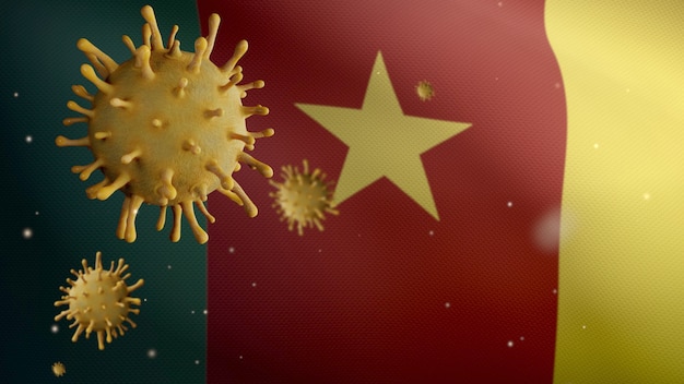 3D, ondear la bandera de Camerún y el concepto nCov de Coronavirus 2019. Brote asiático en Camerún, los coronavirus de la influenza como casos peligrosos de la cepa de la gripe como una pandemia. Microscopio virus Covid19 de cerca.