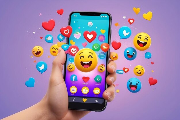 Foto 3d online plataforma de comunicación de redes sociales concepto de teléfono en la mano con emoji comentario amor como y jugar iconos ilustración de renderización 3d