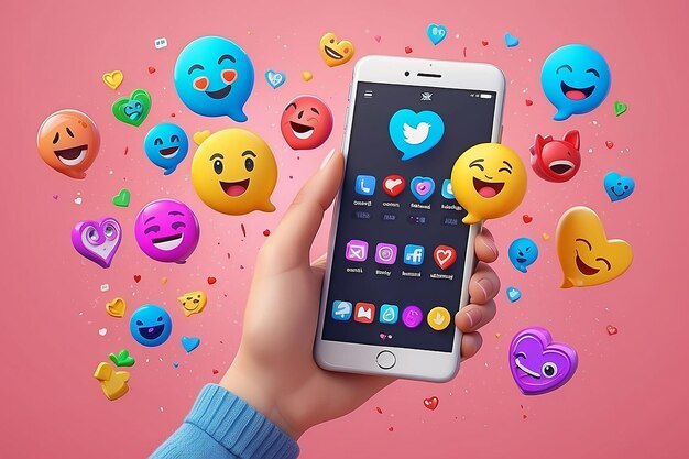 Foto 3d online plataforma de comunicación de redes sociales concepto de teléfono en la mano con emoji comentario amor como y jugar iconos ilustración de renderización 3d