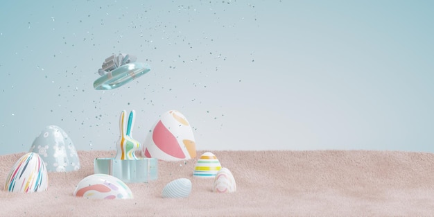 3D-Osterbanner mit schön bemalten Eiern und süßem Häschen Frühling Ostern Hintergrund 3D-Darstellung