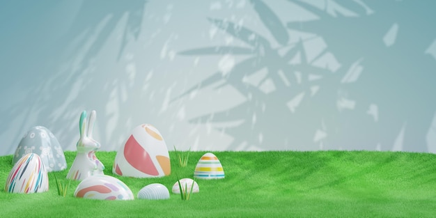 3D-Ostern-Banner mit schönen bemalten Eiern auf Gras Frühlings-Oster-Hintergrund