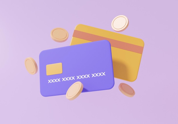 3D pagamentos on-line conceito de cartão de crédito ou débito transferência de dinheiro Moedas de transações financeiras flutuando no fundo roxo estilo mínimo 3d render ilustração