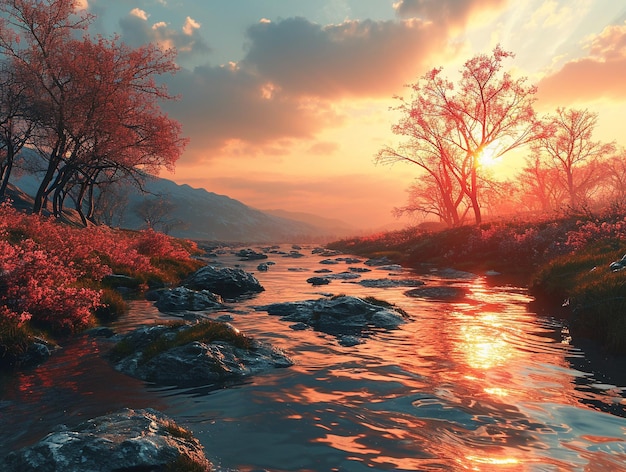 3d paisagem pôr-do-sol foto definido na água no estilo de terragen vermelho claro atmosférico