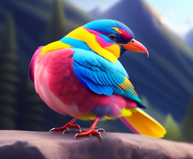 3D de un pájaro colorido sobre un fondo de belleza natural