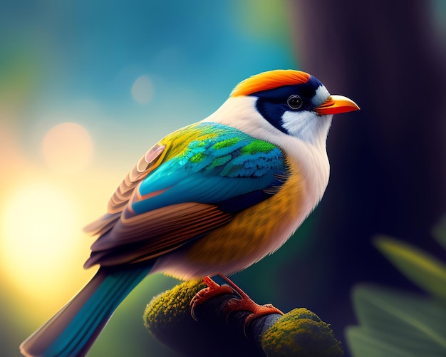 3D de un pájaro colorido sobre un fondo de naturaleza