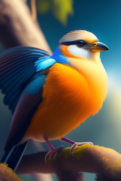 3D de un pájaro colorido sobre un fondo de naturaleza