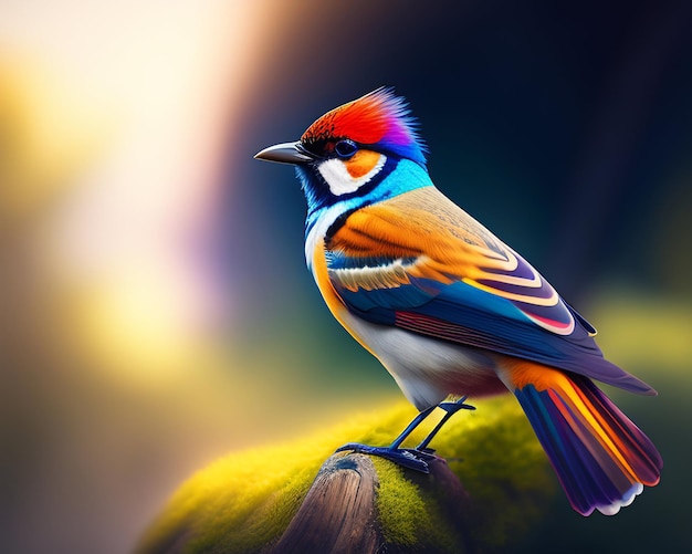 3D de un pájaro colorido sobre un fondo de naturaleza