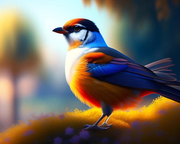 3D de un pájaro colorido sobre un fondo de naturaleza