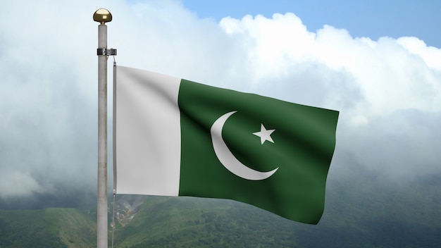 3D, pakistanische Fahnenschwingen auf Wind am Berg. Pakistan Banner weht weiche Seide. Stoff Textur Fähnrich Hintergrund. Konzept für Nationalfeiertage und Länderanlässe.