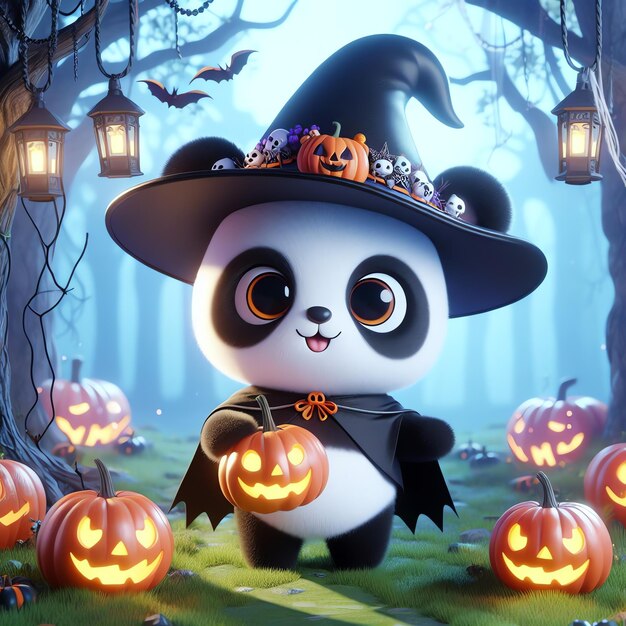 3D panda bruxa adorável e bonito desenho animado ilustração