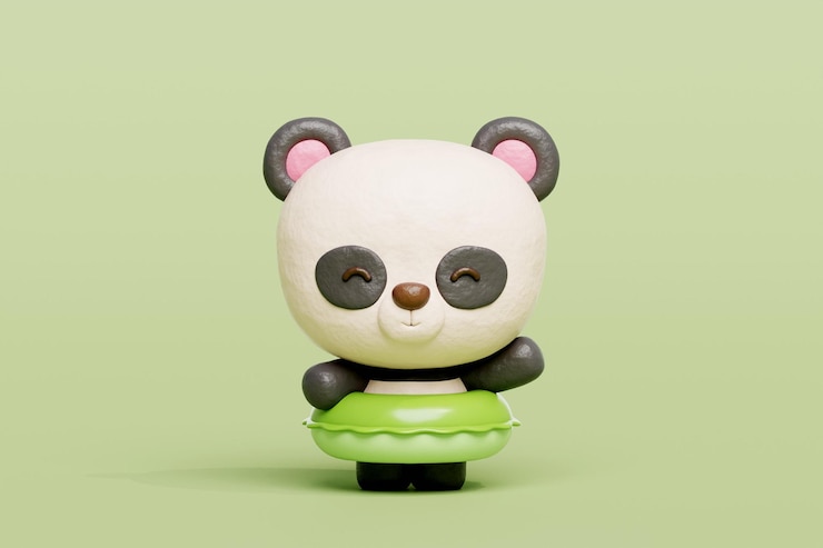 Foto 3d panda lindo con anillos de natación de goma personaje de dibujos animados renderización 3d.