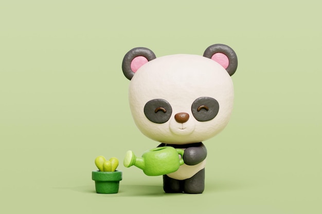 3D panda lindo planta de riego personaje de dibujos animados de animales renderización 3D.