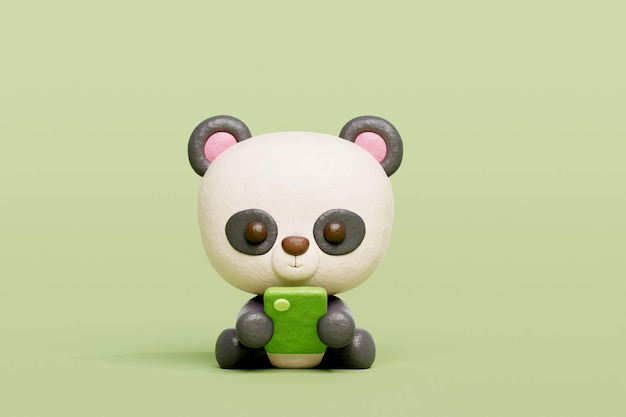 3D panda lindo viendo en el teléfono inteligente personaje de animales de dibujos animados renderización 3D
