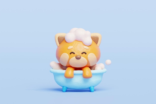 3D panda rojo lindo bañándose en la bañera personaje de dibujos animados renderización 3D