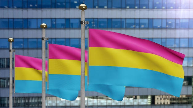 3D Pansexualität Fahnenschwingen im Wind. Nahaufnahme von Pansexual Banner weht, weiche und glatte Seide. Stoff Textur Fähnrich Hintergrund. Verwenden Sie es für das Konzept des schwulen Tages und der Ereignisse des Stolzes.