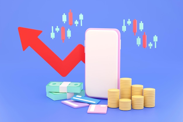 3D. Pantalla de teléfono inteligente, gráfico de acciones y monedas, tarjeta de crédito. Negocios financieros en línea.