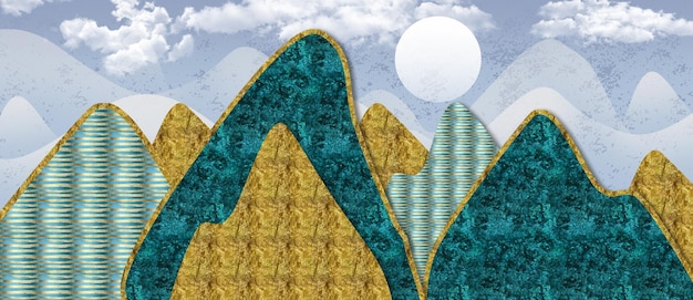 3d papel de parede mural de arte moderna com fundo azul claro. montanhas douradas e turquesas