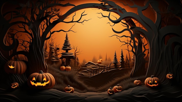 3D Papercut artesanía podio en blanco con calabazas de Halloween fondo de escena mínima IA generativa