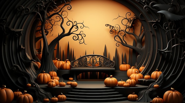 Foto 3d papercut artesanía podio en blanco con tema de halloween fondo de escena mínima ia generativa